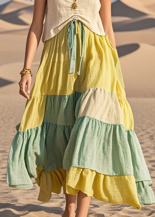 Colorblock Cinched Patchwork Cotton Dresses Summer
