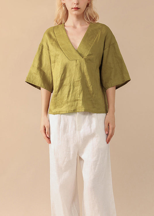 Simple Style Green V Neck Linen T Shirts Summer
