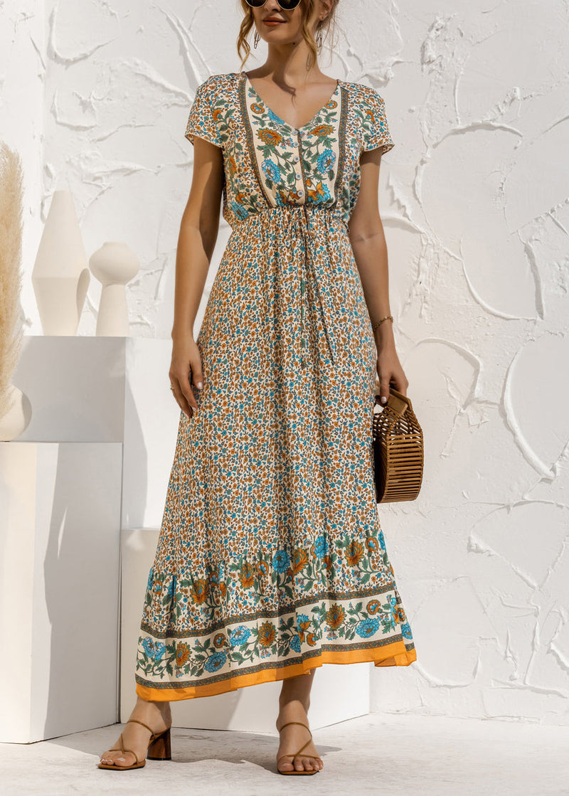 Blue V Neck Print Drawstring Cotton Long Dress Summer