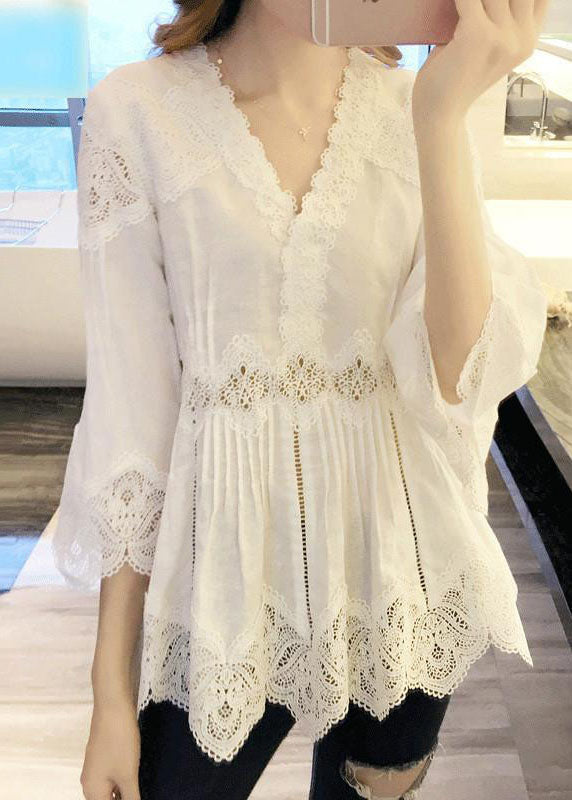 White V-neck Ruffles Hollow Out Shirts Spring