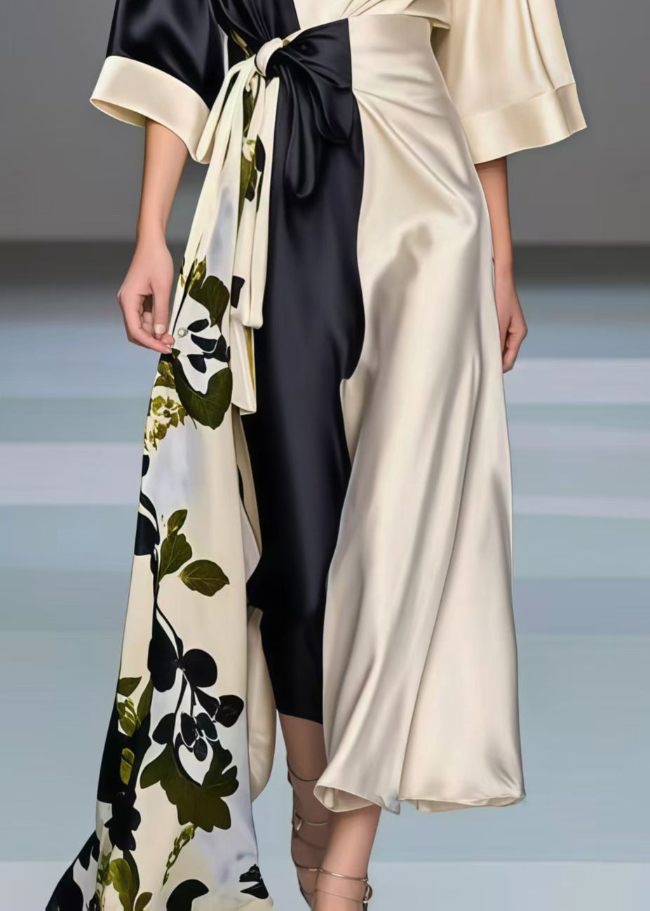Colorblock Asymmetrical Patchwork Silk Vacation Dresses Bracelet Sleeve