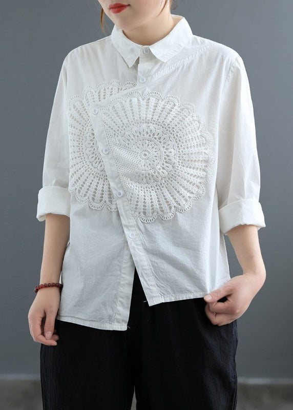 White Asymmetrical Patchwork Lace Blouses Spring