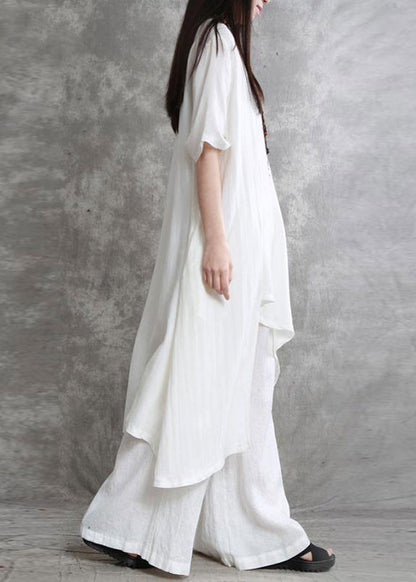 White Asymmetrical Top and Wide Leg Pants Two Pieces Set Short Sleeve