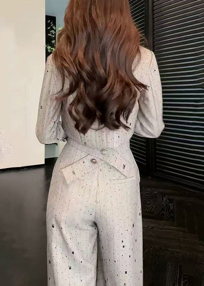 Stylish Grey Notched Print Top and Wide Leg Pants Two Pieces Set Spring