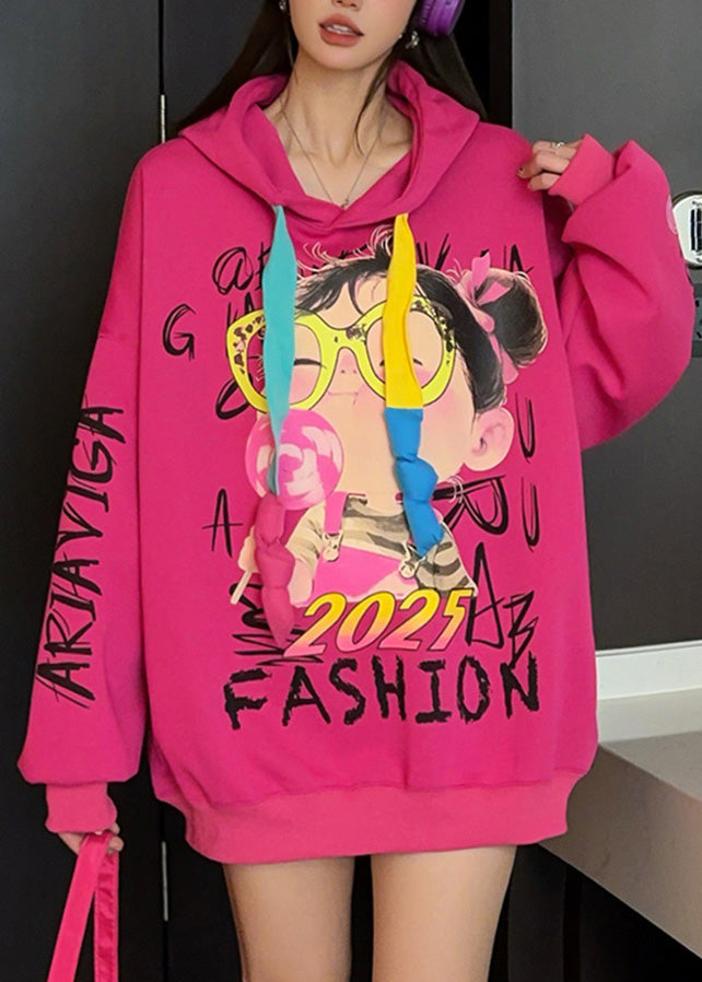 Oversized Black Hooded Cartoon Print Cotton Sweatshirt Spring