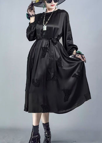 Red O-neck Tie Waist Silk Dresses Spring