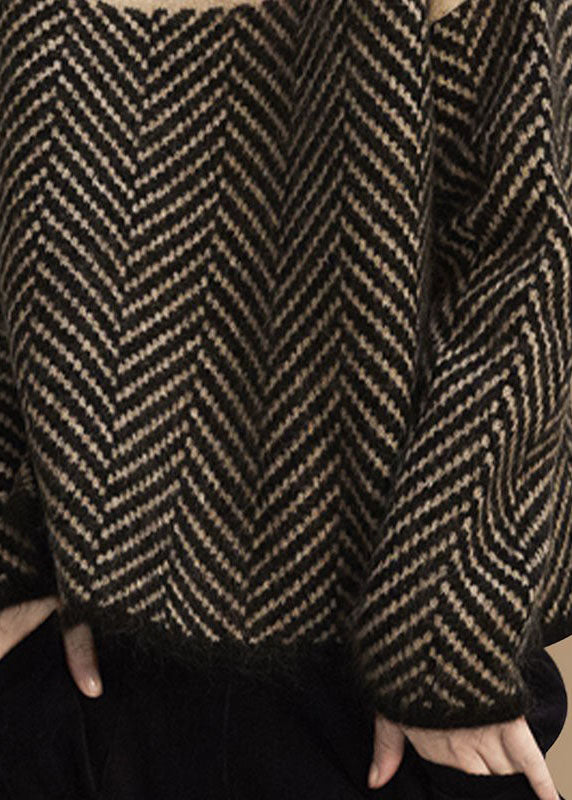 Khaki Turtle Neck Patchwork Knit Pullover Winter