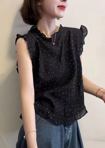 Black Dot Print Ruffled Chiffon Vests Sleeveless