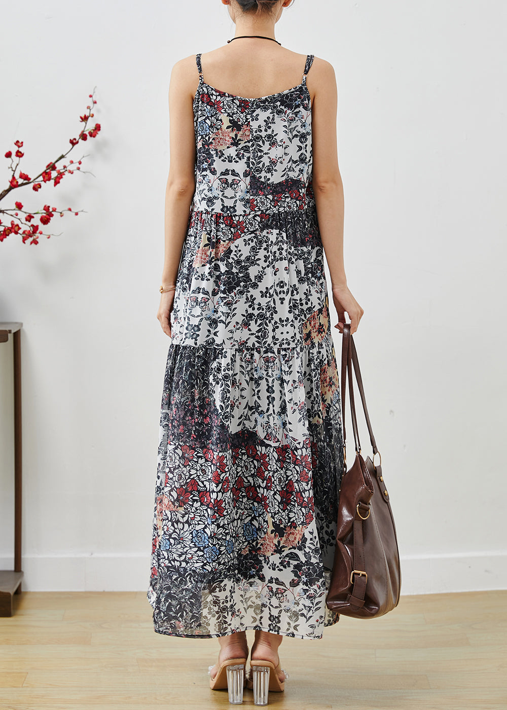 Black Print Exra Large Hem Chiffon Spaghetti Strap Dress Summer