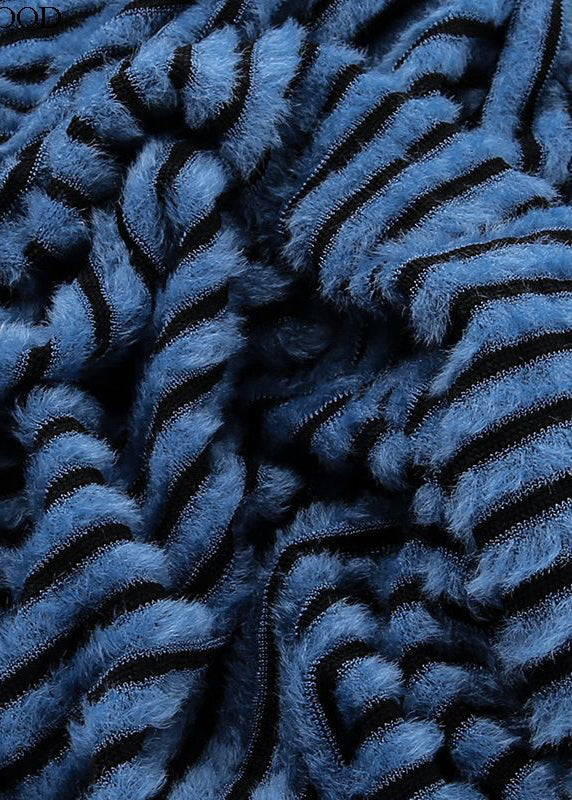 Blue Striped Fluffy High Waist Knit Flared Trousers Spring