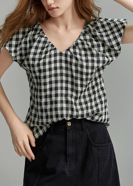 Black V Neck Plaid Shirt Short Sleeve