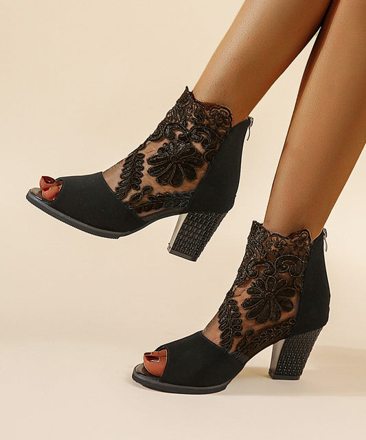 Stylish Black Faux Leather Boots Peep Toe Splicing Lace Tulle