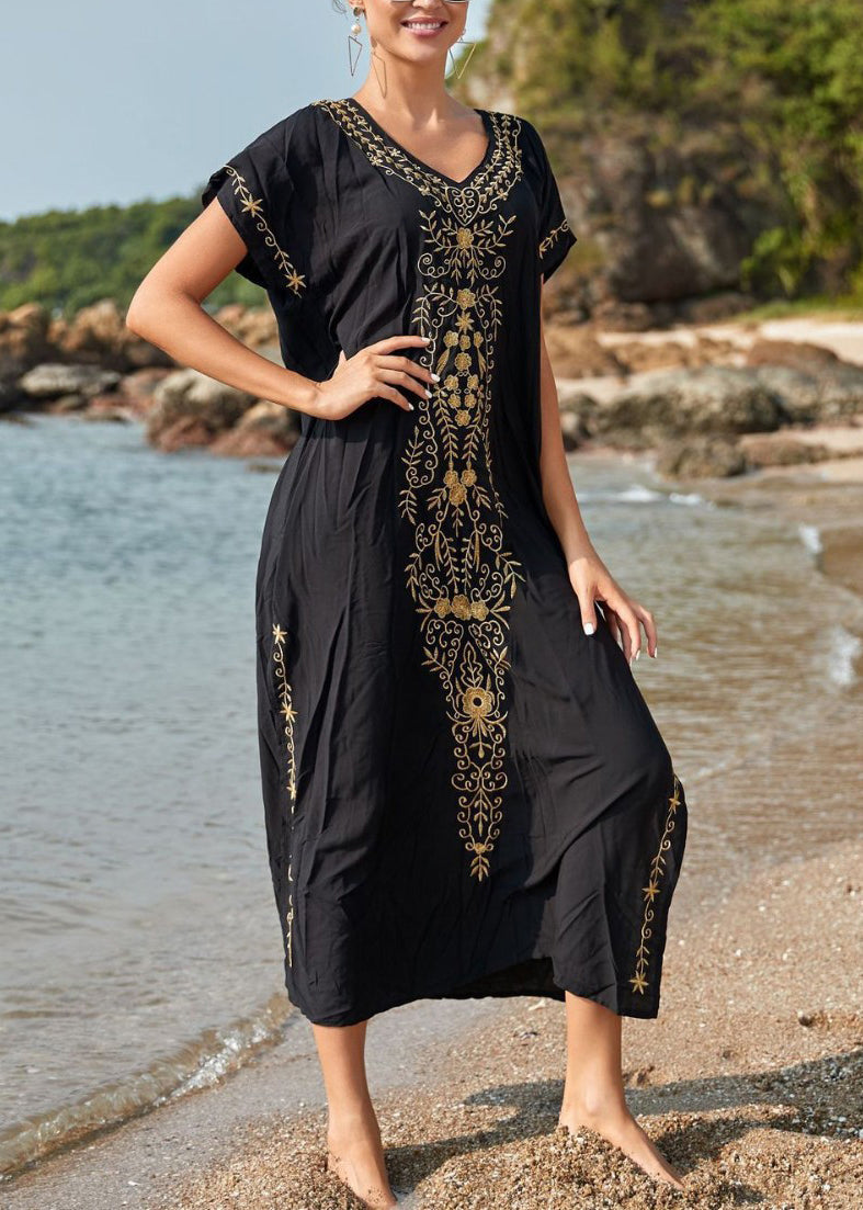 Handmade Black Embroidered Cotton Long Dress Summer
