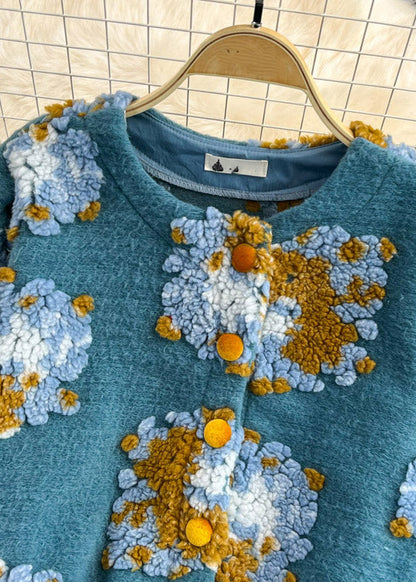 Blue O-neck Fluffy Button Knit Sweaters Spring