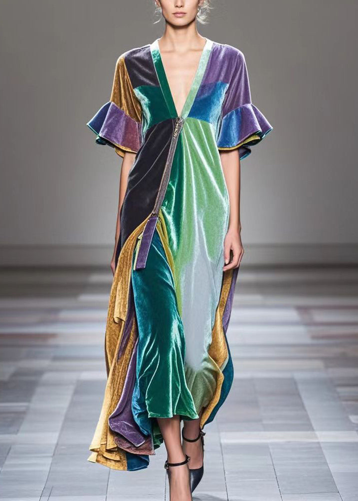 Colorblock V Neck Patchwork Silk Velvet Holiday Dress Flare Sleeve