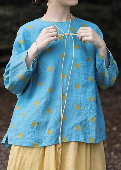 Blue O Neck Button Dot Linen Shirt Fall