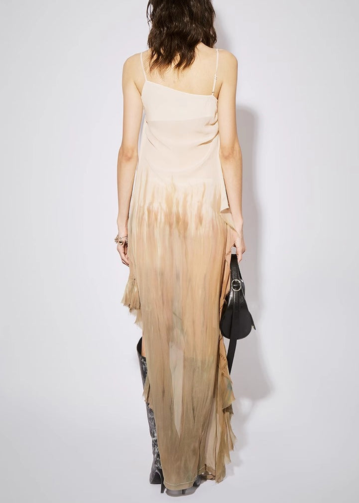 Gradient Color Ruffled Low High Design Cotton Dress Sleeveless