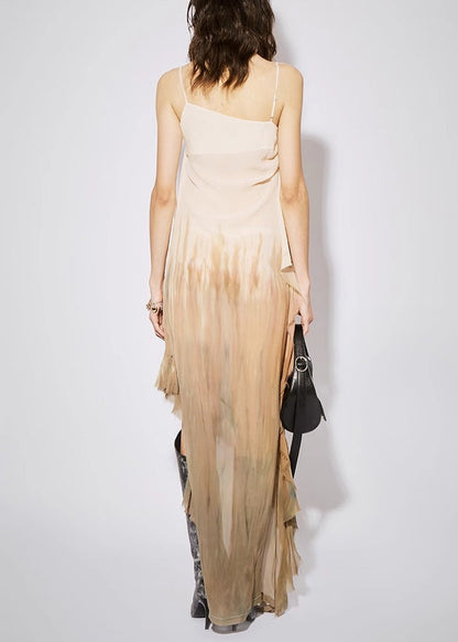 Gradient Color Ruffled Low High Design Cotton Dress Sleeveless