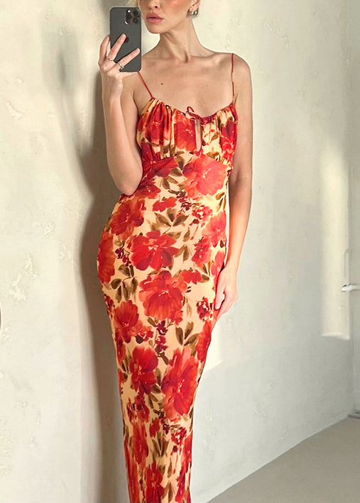 Print Backless Lace Up Cotton Spaghetti Strap Dress Sleeveless