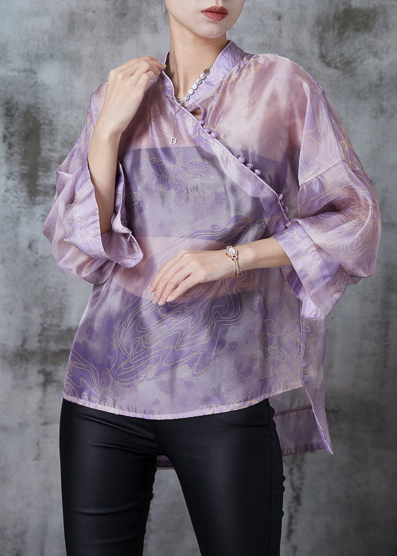 Purple Print Low High Design Silk Blouses Summer