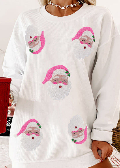 Stylish White O Neck Christmas Print Cotton Sweatshirt Winter