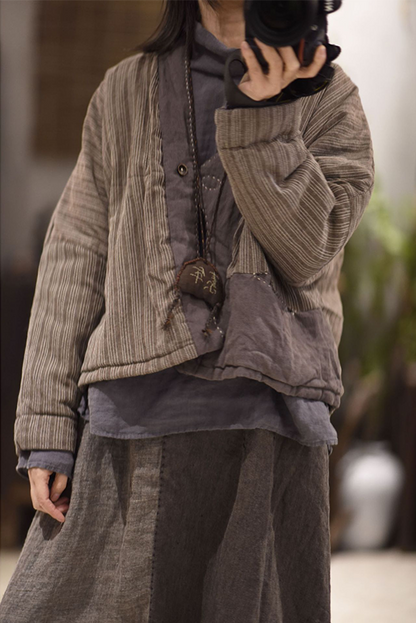 New Retro Linen Striped Stitching Cardigan Cotton Jacket