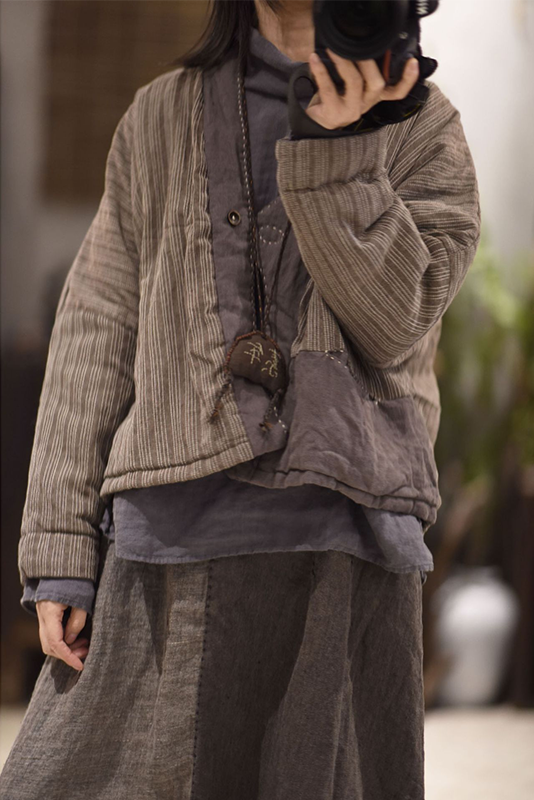 New Retro Linen Striped Stitching Cardigan Cotton Jacket