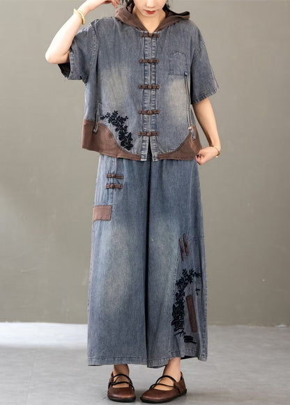 New Blue Embroidered Tops and Wide Leg Pants Two Pieces Set Summer