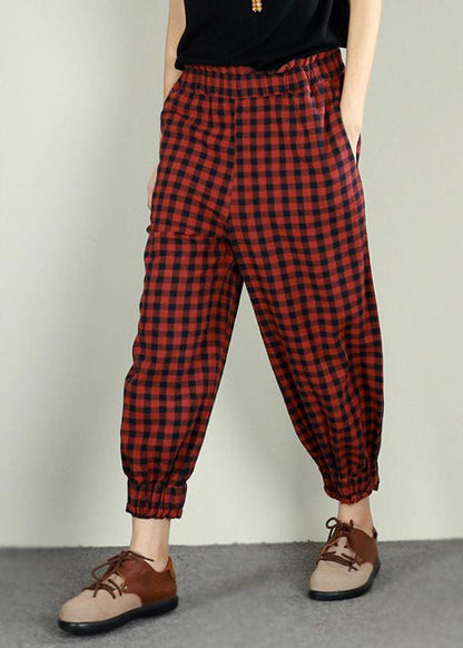 Plaid Linen Cotton Ankle Length Pants