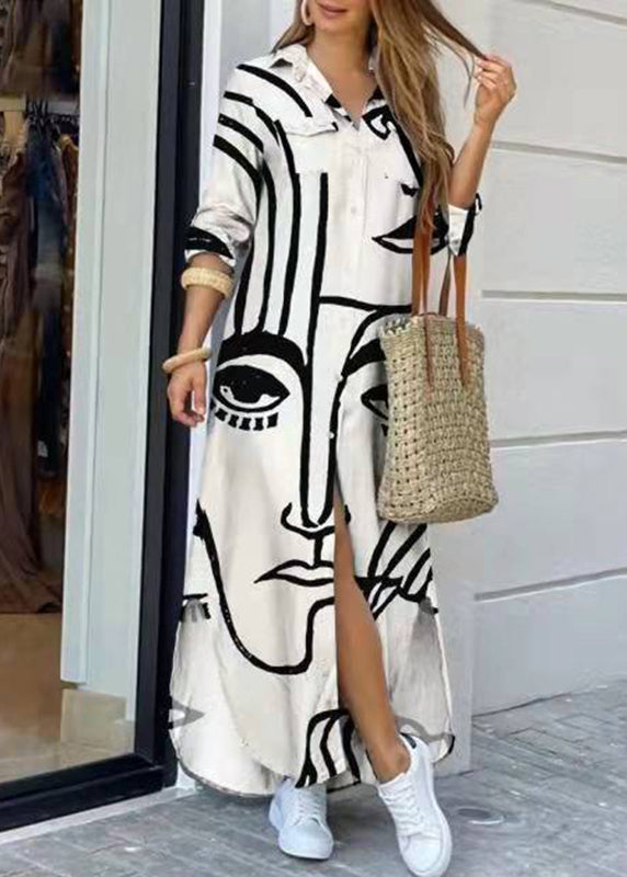 Rose Peter Pan Collar Print Party Maxi Shirts Dress Long Sleeve