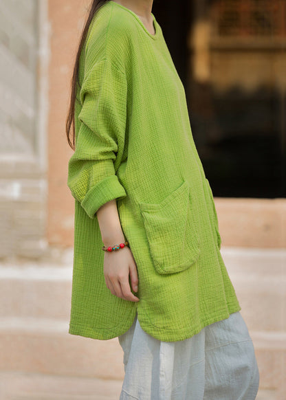 New Loose Fluorescent Green O Neck Pockets Cotton Blouse Top Fall