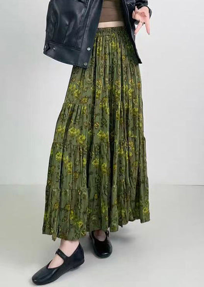 Green Print Wrinkled Elastic Waist Cotton Skirts Spring