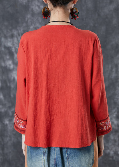 Red Embroidered Lace Up Linen Blouse Top Summer