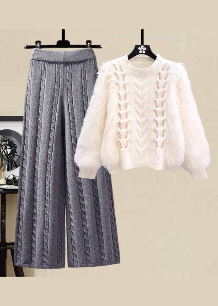 Style Apricot O Neck Sweaters and Skirts Knit Two Pieces Set Fall