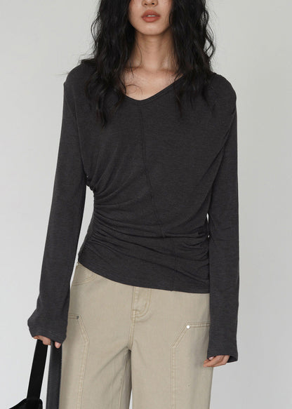 French Yellow V Neck Wrinkled Cotton Tops Spring