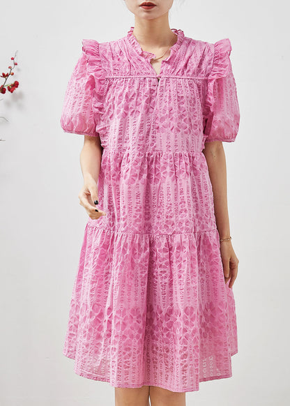 Pink Puff Sleeve Ruffled Wrinkled Day Dress Summer
