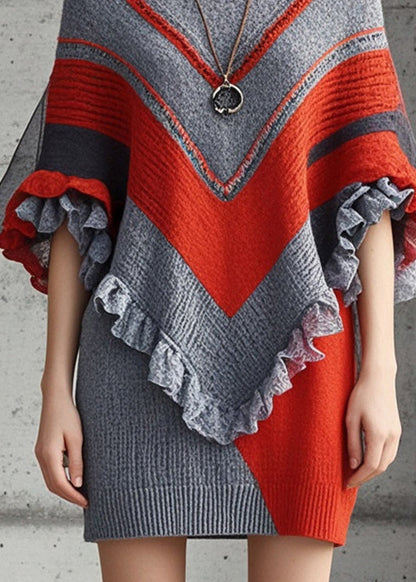 Grey Ruffled Patchwork Knitted Dress Batwing Sleeve