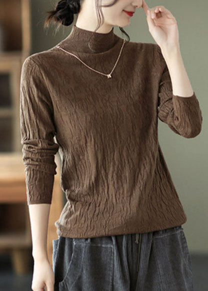 Peacock Blue High Neck Wrinkled Cotton Tops Fall