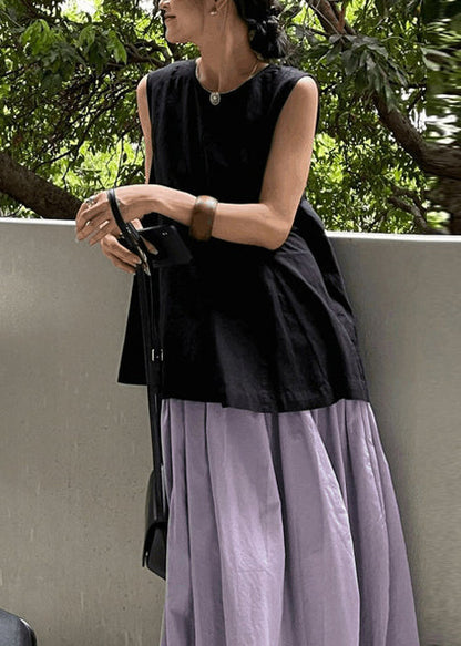 White O-neck Wrinkled Linen a Line Tops Sleeveless