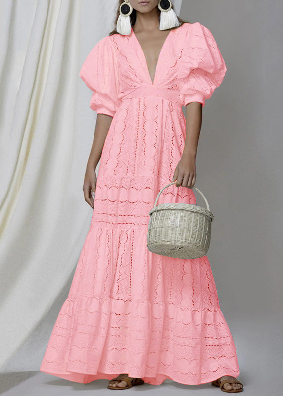 White V Neck Hollow Out Puff Sleeve Patchwork Cotton Dress