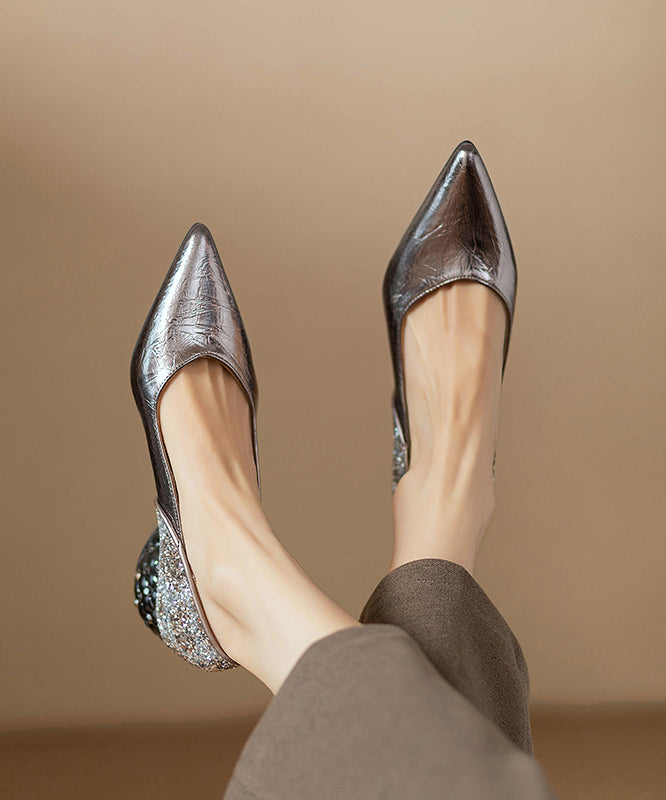 Fitted Silver Splicing Chunky Heel Brown Faux Leather Pointed Toe