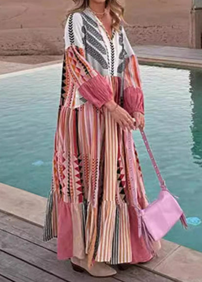Colorblock Lace Up Print Cotton Maxi Dress Long Sleeve