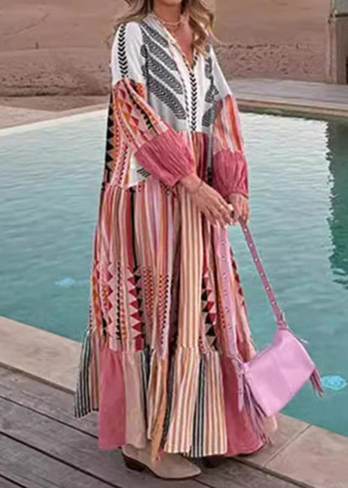 Colorblock Lace Up Print Cotton Maxi Dress Long Sleeve