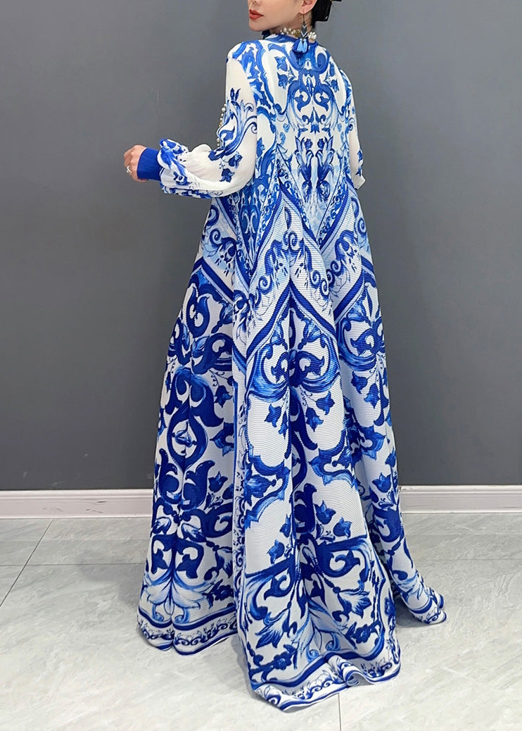 Summer New Blue and White Porcelain Print Chiffon Pleated Long Dress