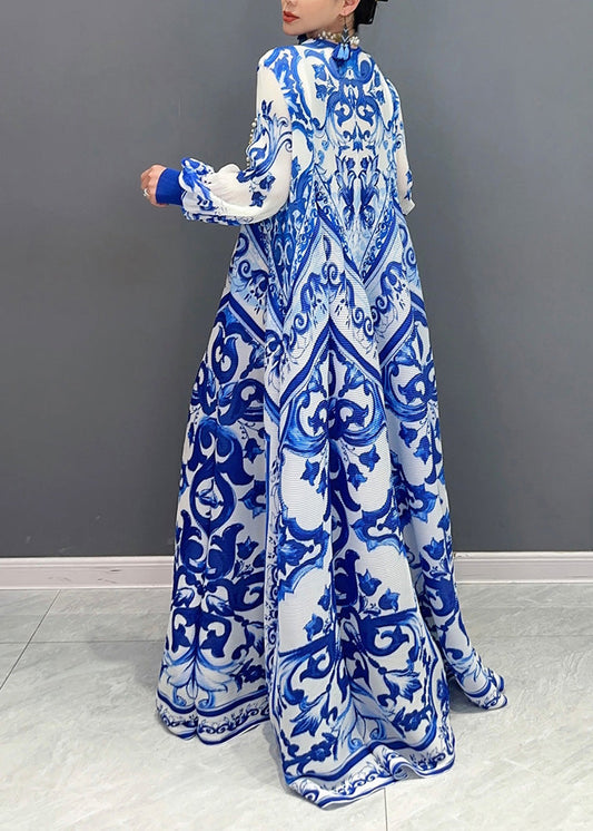 Summer New Blue and White Porcelain Print Chiffon Pleated Long Dress