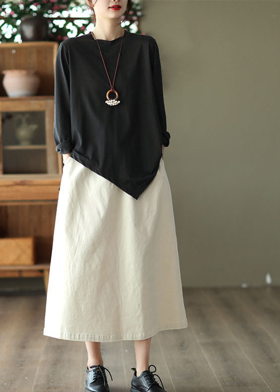 French Black O-neck Asymmetrical Cotton Shirt Top Spring