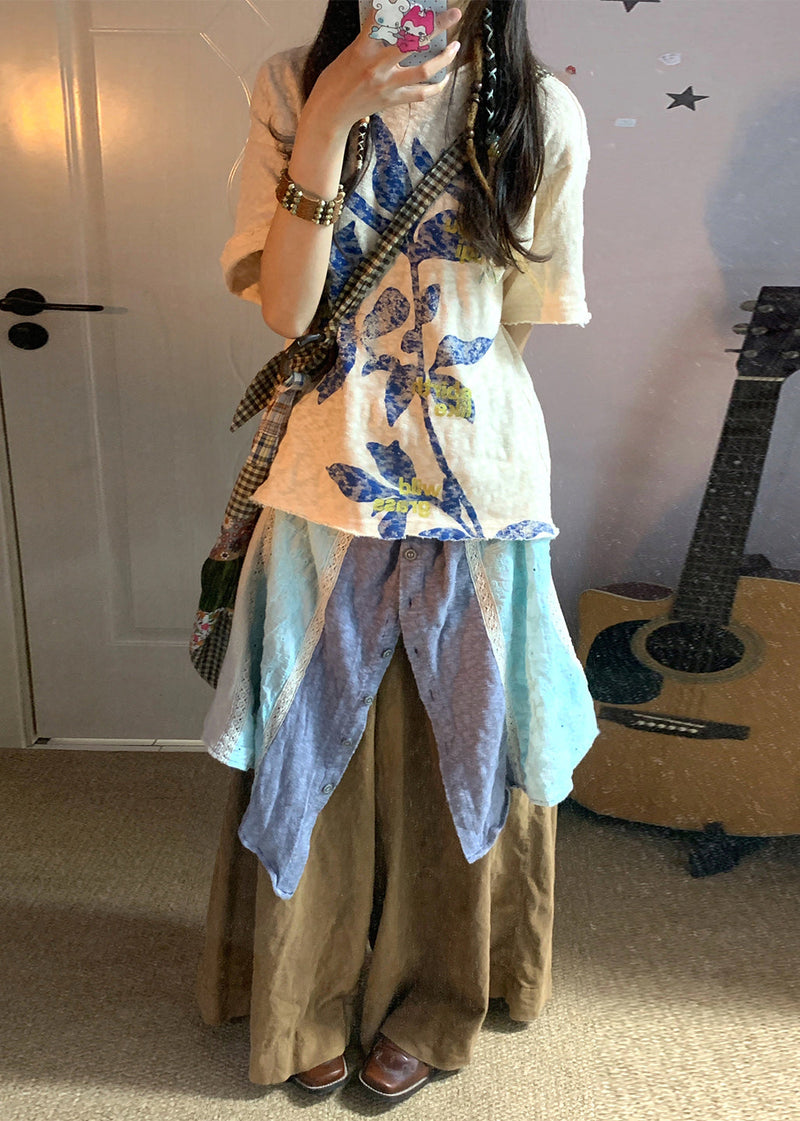 Beige Oversized Print Linen Tops Summer