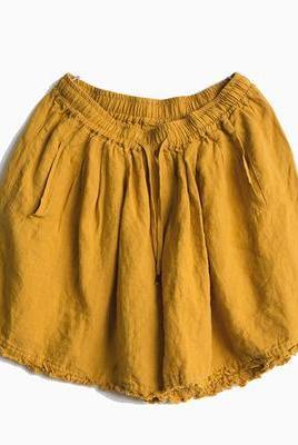 Loose Green and Yellow Linen Shorts Summer Trousers