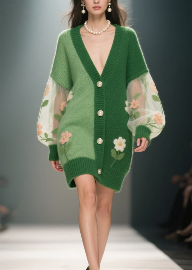 Green V Neck Patchwork Knit Cardigan Fall