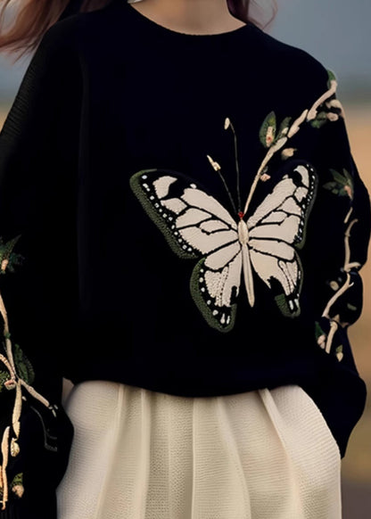 Black O Neck Butterfly Print Knit Sweaters Spring